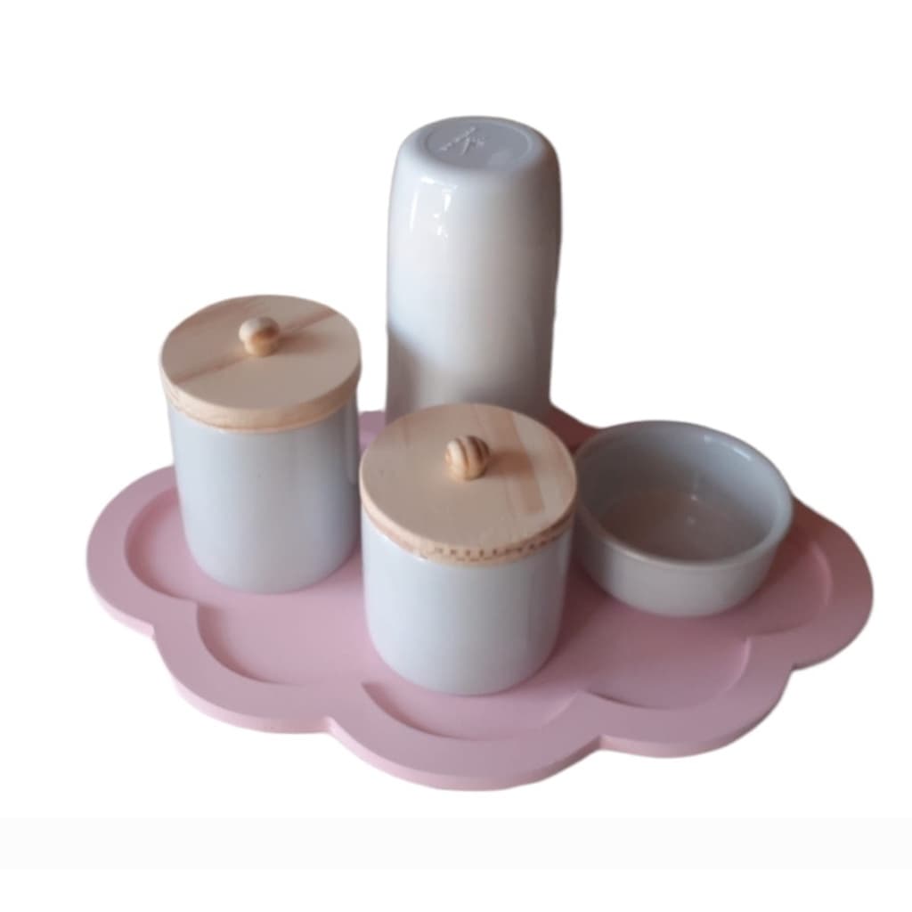 Kit Higiene Bebê Porcelana Branca Potes Garrafinha  Bandea nuvem rosa maternidade menina menino porta algodão cotonete
