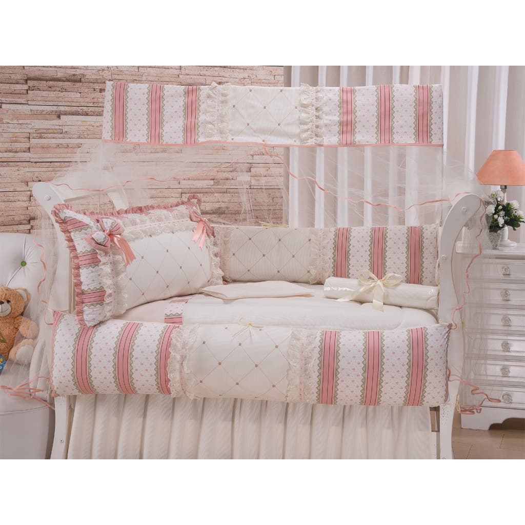 Kit Protetor De Berço 9 Peças + Saia Piquet - Essencial Laço Salmão