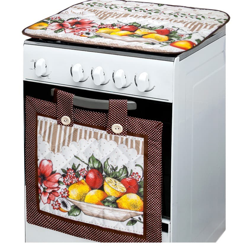 Kit Fogão Cortina Forno + Capa P/ Tampa Fogão Para  5/6  Bocas - Frutas - Decoração de Cozinha