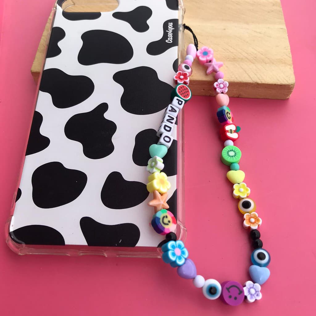 Phone strap cordinha de celular miçanga colorida personalizada nome olho grego cordão smile frutinhas