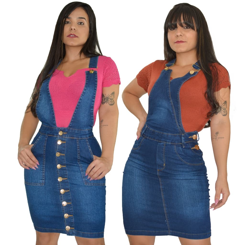 Jardineira Salopete Jeans Tecido Sobreposto E Botões Frontal Suspensorio Da Moda Evangélica