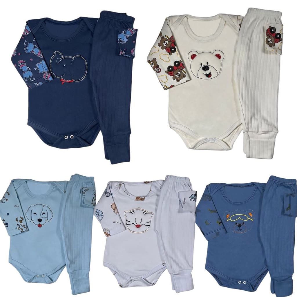 Kit 8 Peças Body Bebe Bordado E Mijão Canelado Vira Pé Menino  100% ALG