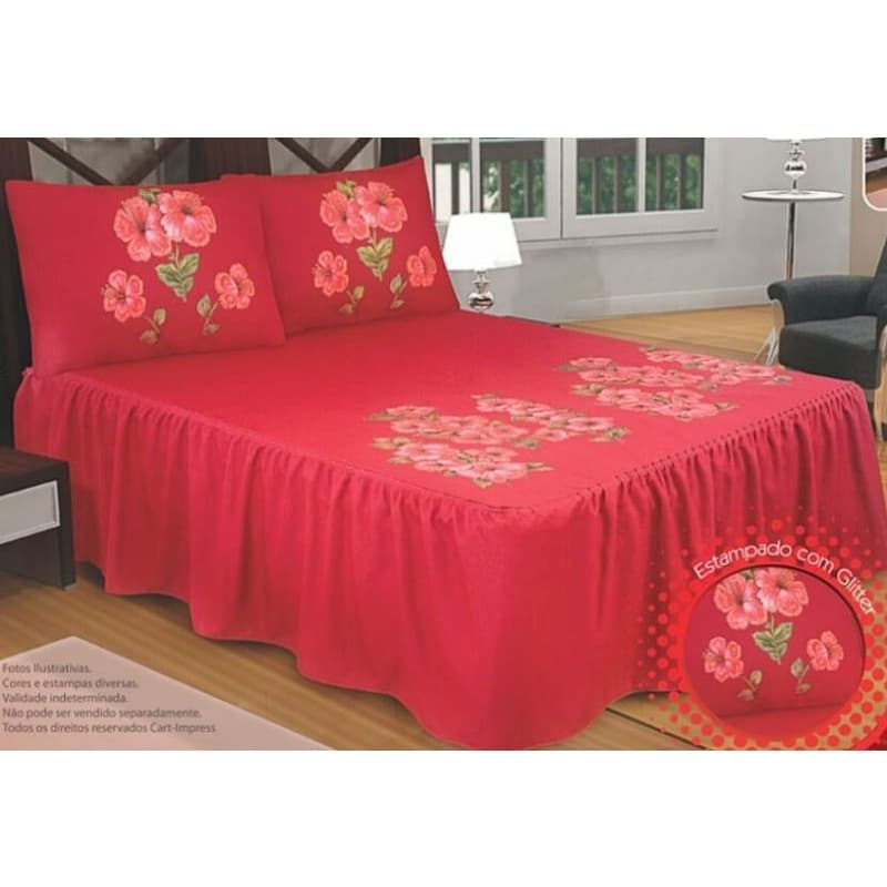 kit 2 Colcha Casal Oxford Campestre Pintada Com Babado 3 Peças Cada