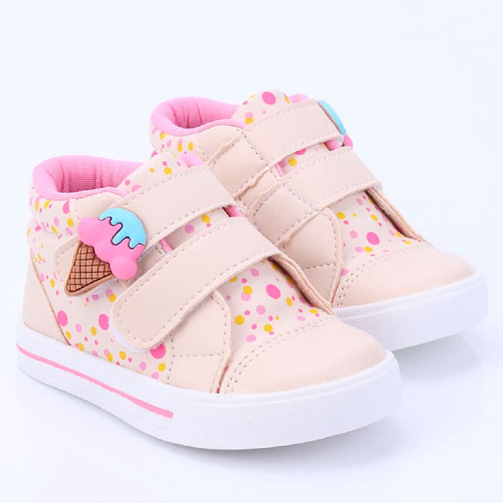 Tênis Infantil Feminino Bee Happy  Calce Fácil Confortável Sorvetinho Meninas Rosa Preto e Nude