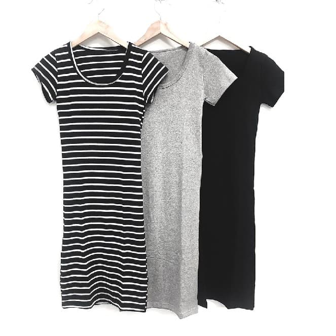 Kit 3 vestidos manga curta para gestante 96% algodão 4% elastano (PRETO, MESCLA, LISTRA FINA).