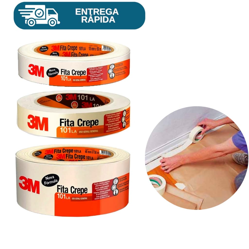 Fita Crepe Branca 3M 101LA 50 Metros - 18mm 24mm e 48mm Uso Geral Adevisa Marcação Artes Paredes