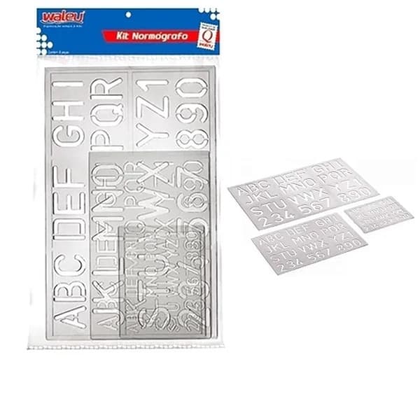 Kit Normógrafo Com 3 Réguas De Letras E Números Waleu