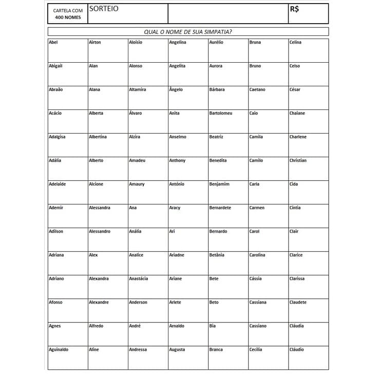 Cartela de rifa com 400 nomes