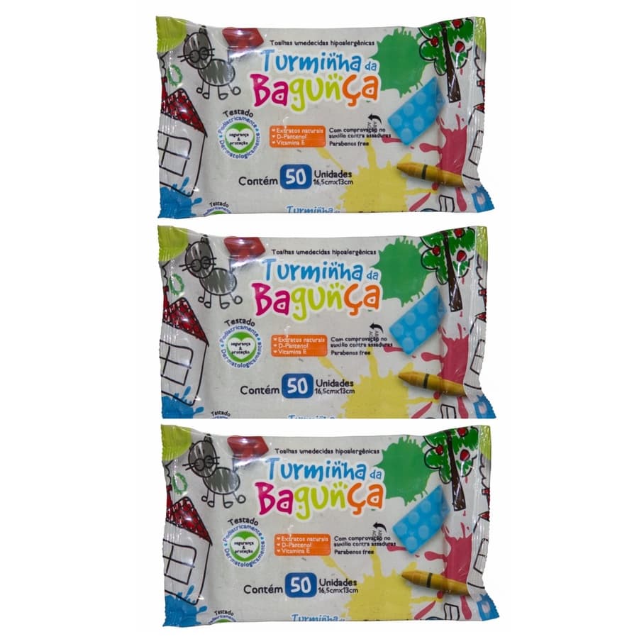 Kit com 3 - Lenços Umedecidos Turminha da Bagunça Toalhas Umedecidas 50 Unidades cada o legitimo