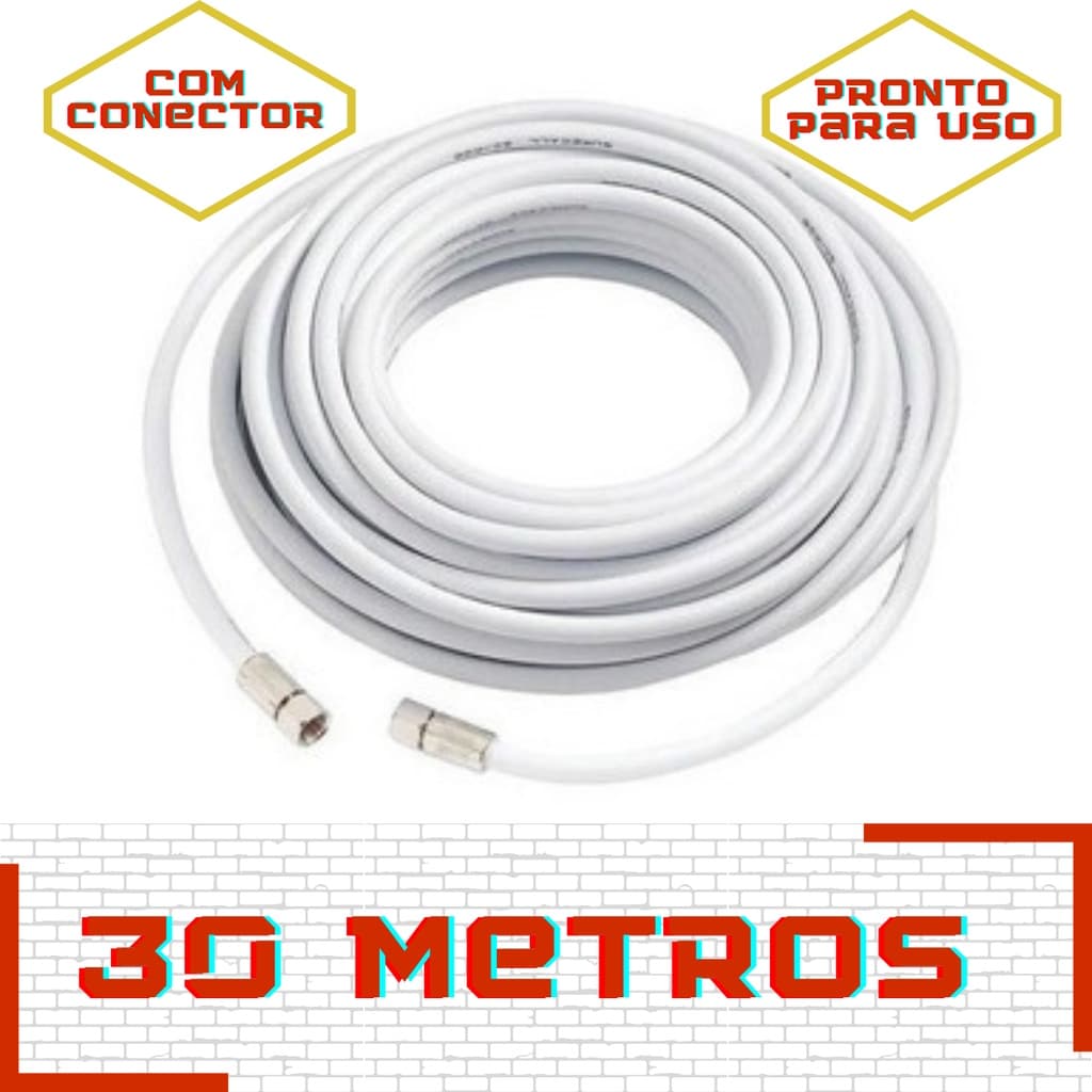 30Mt Cabo Coaxial Branco P/ Antena Tv Pronto Com Conectores