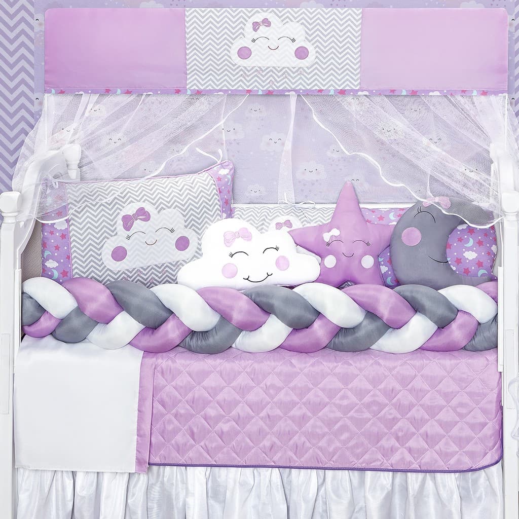 Kit Berço Nuvem Trança Lilas Novo Lua Edredom Lençol 10 Peças Completo