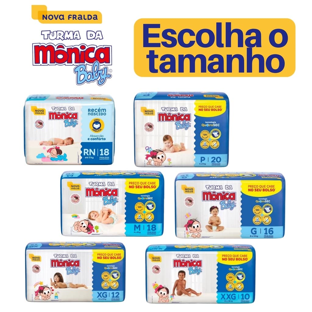 Fralda turma da mônica baby pacote jumbinho RN/ P/ M/ G/ XG/ XXG