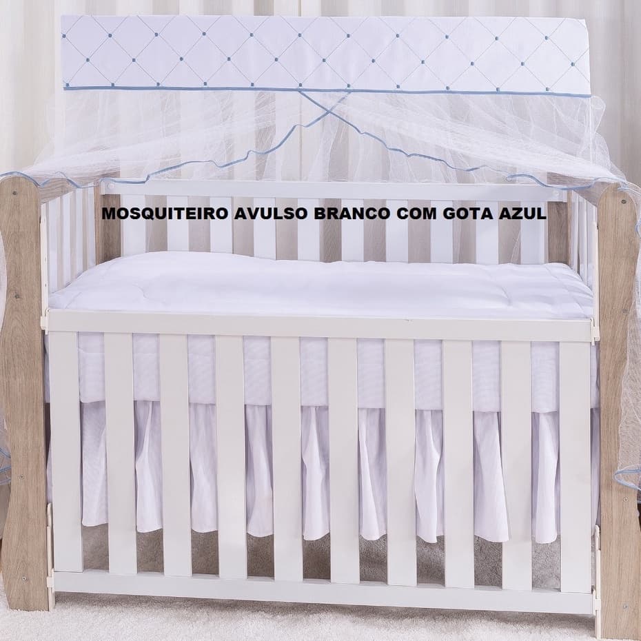 Mosquiteiro Para Berço Americano Branco Com Gota Azul - Tule + Bando