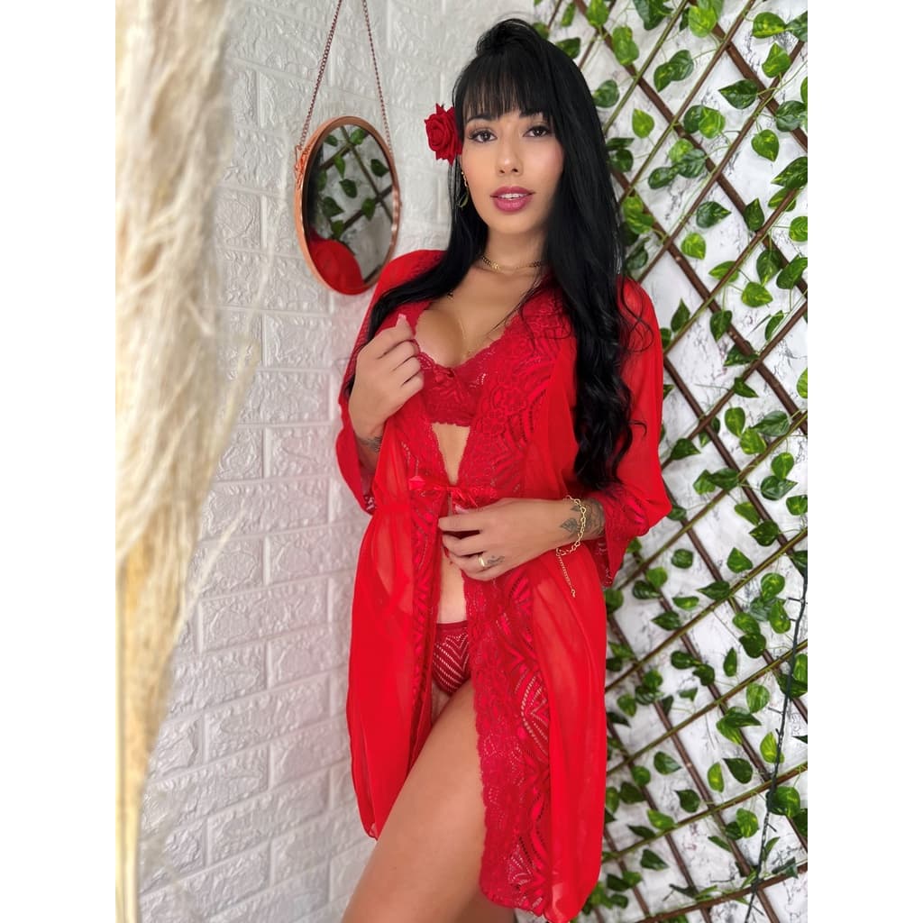 Hobby Feminino Roupão Tule detalhe Renda Luxo Iza