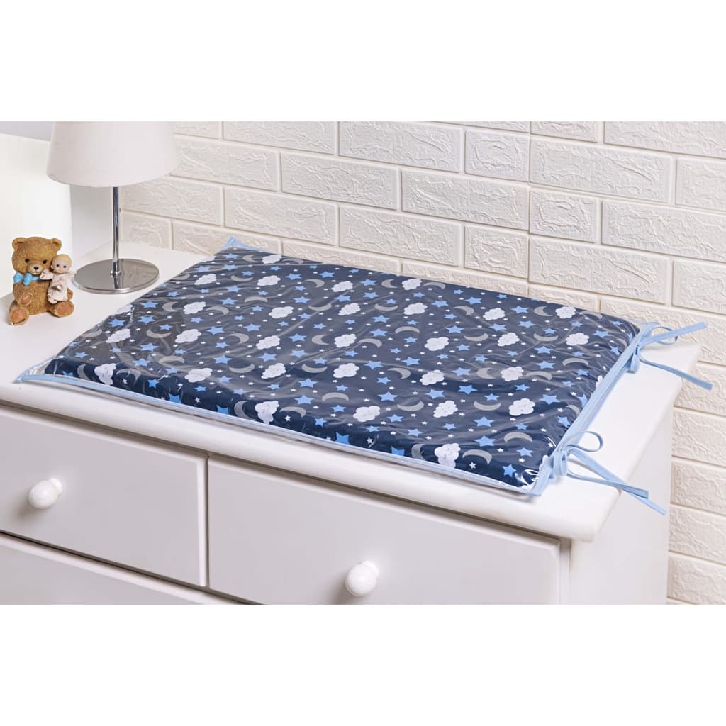 Trocador para Comoda de Bebê Estrelas Azul Marinho Nuvem Cinza Viés Azul Bebê com Espuma densidade 16 Plastificado