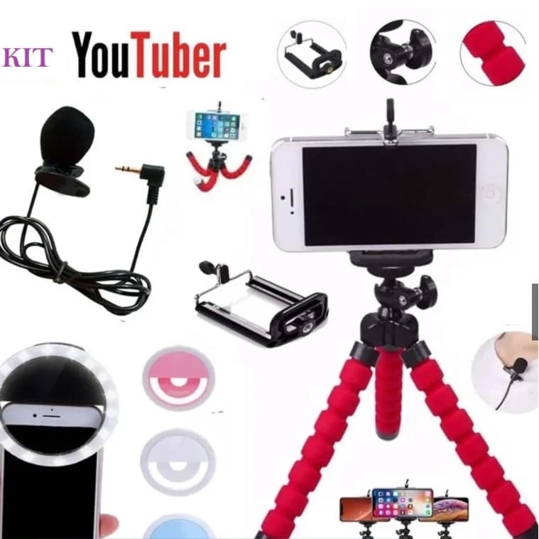 Kit Youtuber Clip Luz para Celular Ring Light + Mini Tripé flexível + Microfone de Lapela.