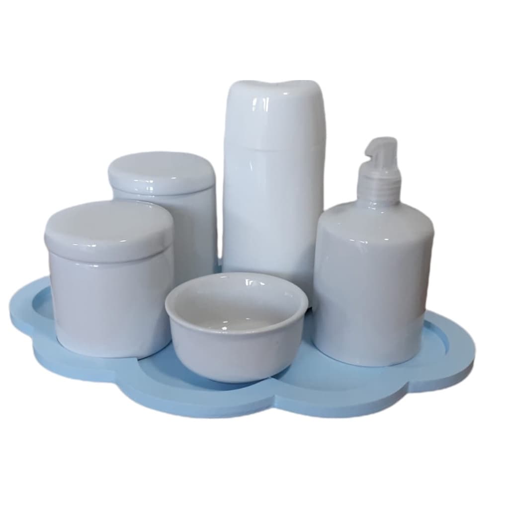 Kit Higiene Bebê Porcelana Branca Nuvem Azul Clean 250 ml menino 6 peças maternidade menino porta algodão cotonete