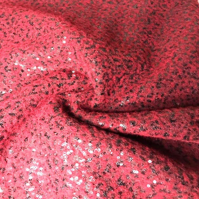 Tecido Lã Tweed Vermelho com Aplicações de Paêtes Pretos 1 x 1,5 Metros