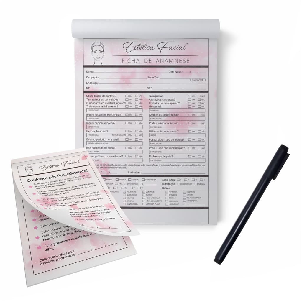 Kit Bloco Ficha De Anamnese + Cuidados Limpeza De Pele / Estética Facial / Esteticista