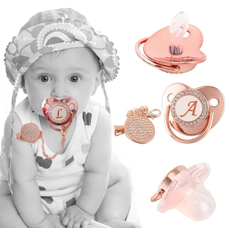 Nome Letras Iniciais Chupeta Bebê De Silicone Rosa De Ouro Que Bling Infantil Bico BPA Livre