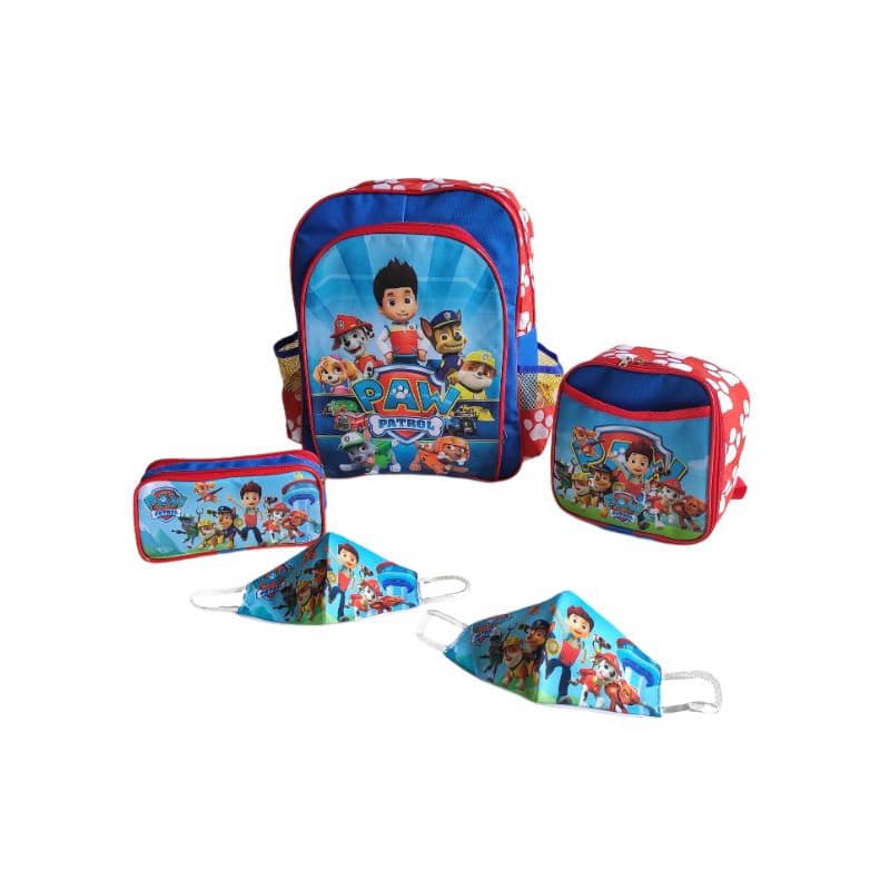 kit mochila escolar infantil de costas para meninos Patrulha Canina + brindes 2 máscaras de proteção facial