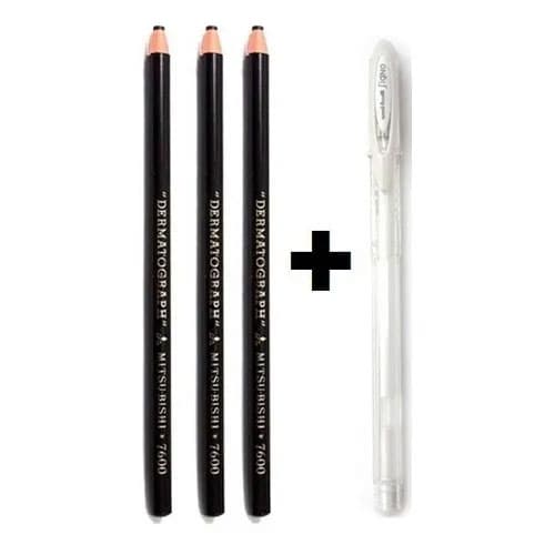 3 Lápis Dermatográfico Mitsubishi Preto+1 Caneta Gel Branca