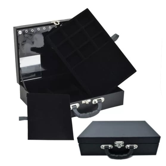 Maleta Porta Jóias Grande Dupla Com Espelho - Preta Lisa