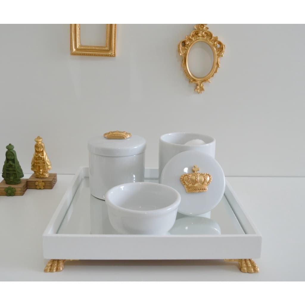 Kit Higiene Bebê K049 Dourado Bandeja Branca Porcelana