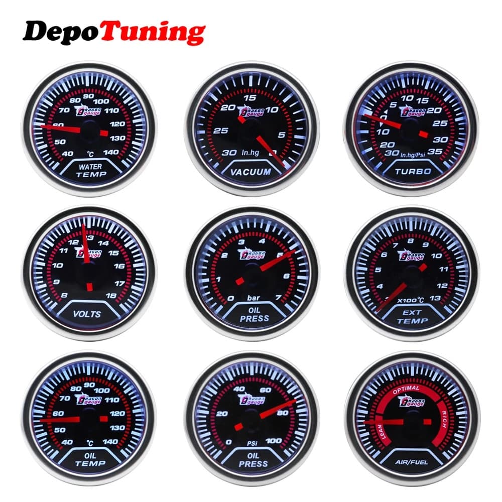 DepoTuning 2 " 52mm Impulso/Temperatura Da Água/Óleo Temp/Imprensa De/Volts/Tachômetro/Proporção De Combustível De Ar/EGT Medidor Analógico led Caso Branco