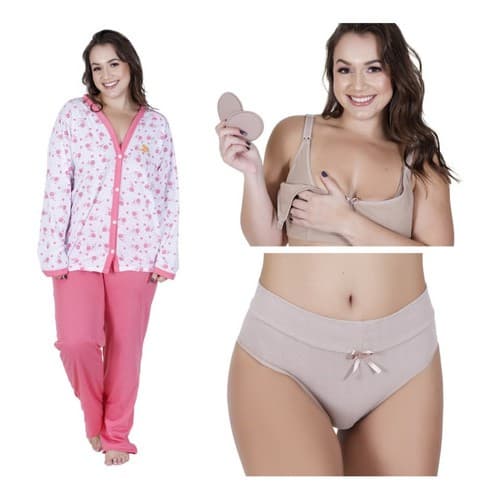 Kit Com 2 Pijamas Longo Amamentação + 2 Sutiãs  + 2 Calcinha
