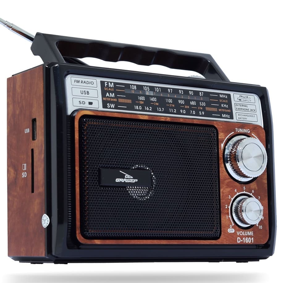 Rádio Retrô Vintage Grasep Am Fm Sw Estilo MP3 AUX P2 Cartão SD/TF USB Analógico Recarregável