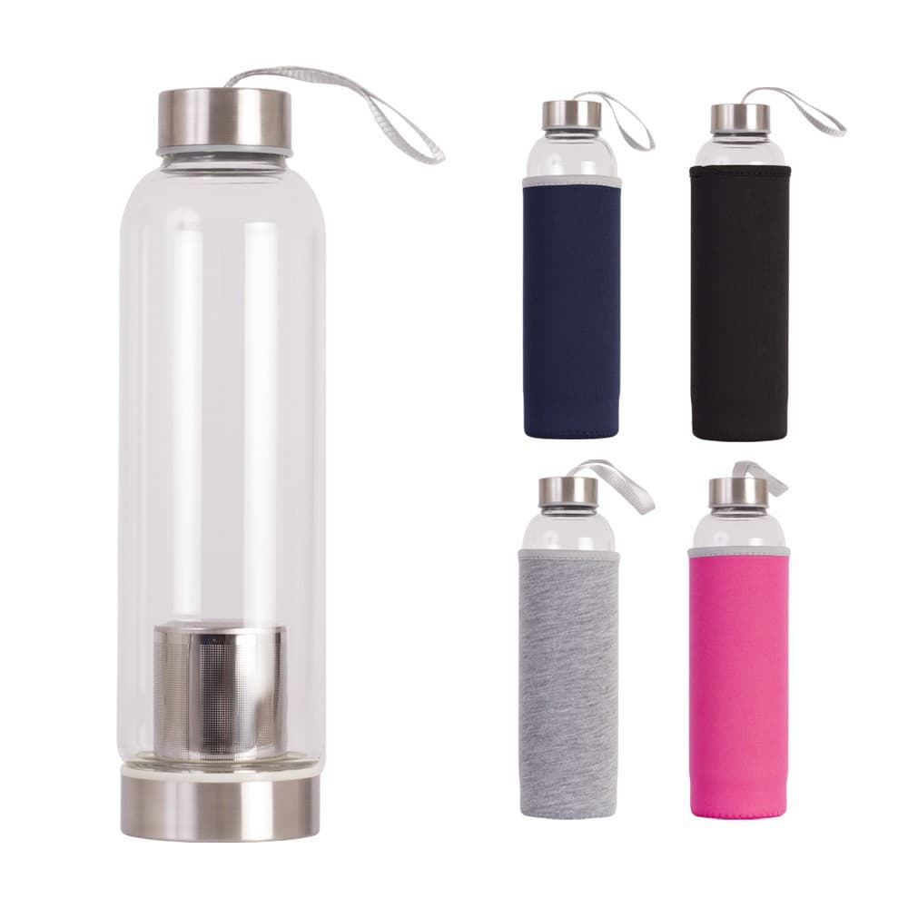 Garrafa Vidro Para Chá Infusor Inox No Fundo Detox Com Capa Neopreme550ml