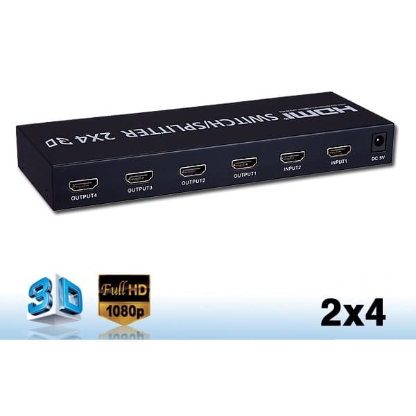 Switch Splitter HDMI 2x4 2 Entradas e 4 Saídas HDMI 1080p 3d