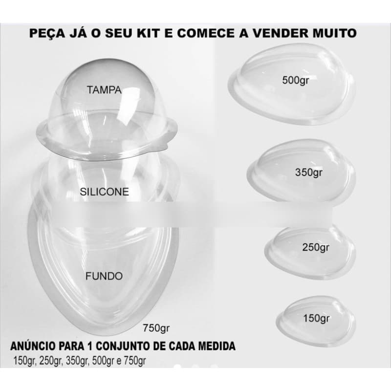 5 kit forma para ovo de Páscoa com silicone (150 gr, 250gr, 350 gr, 500 gr e 750 gr)