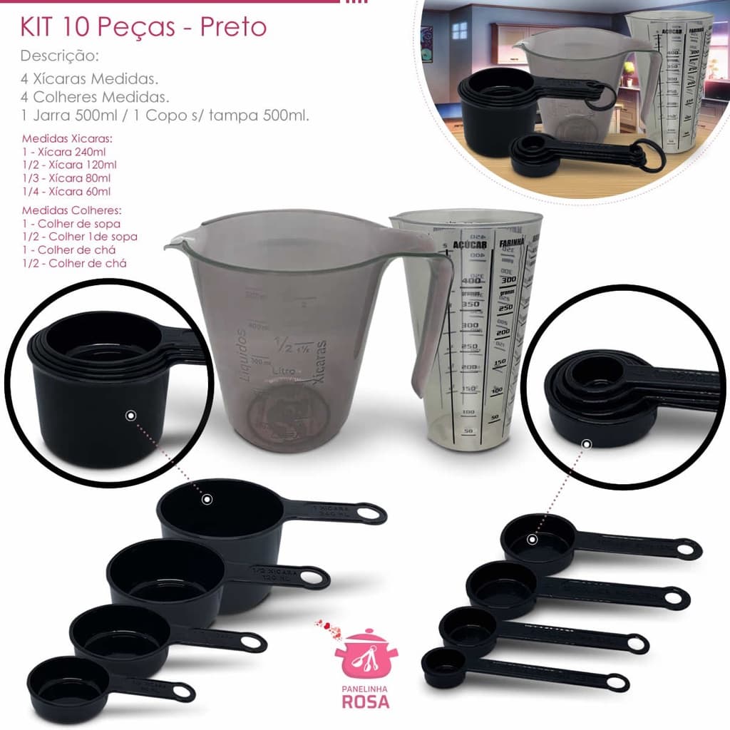 kit medidores 10 peças jarra de 500 ml copo de 500 ml xicara e colher  na cor preta casa cozinha decoração e confeitaria