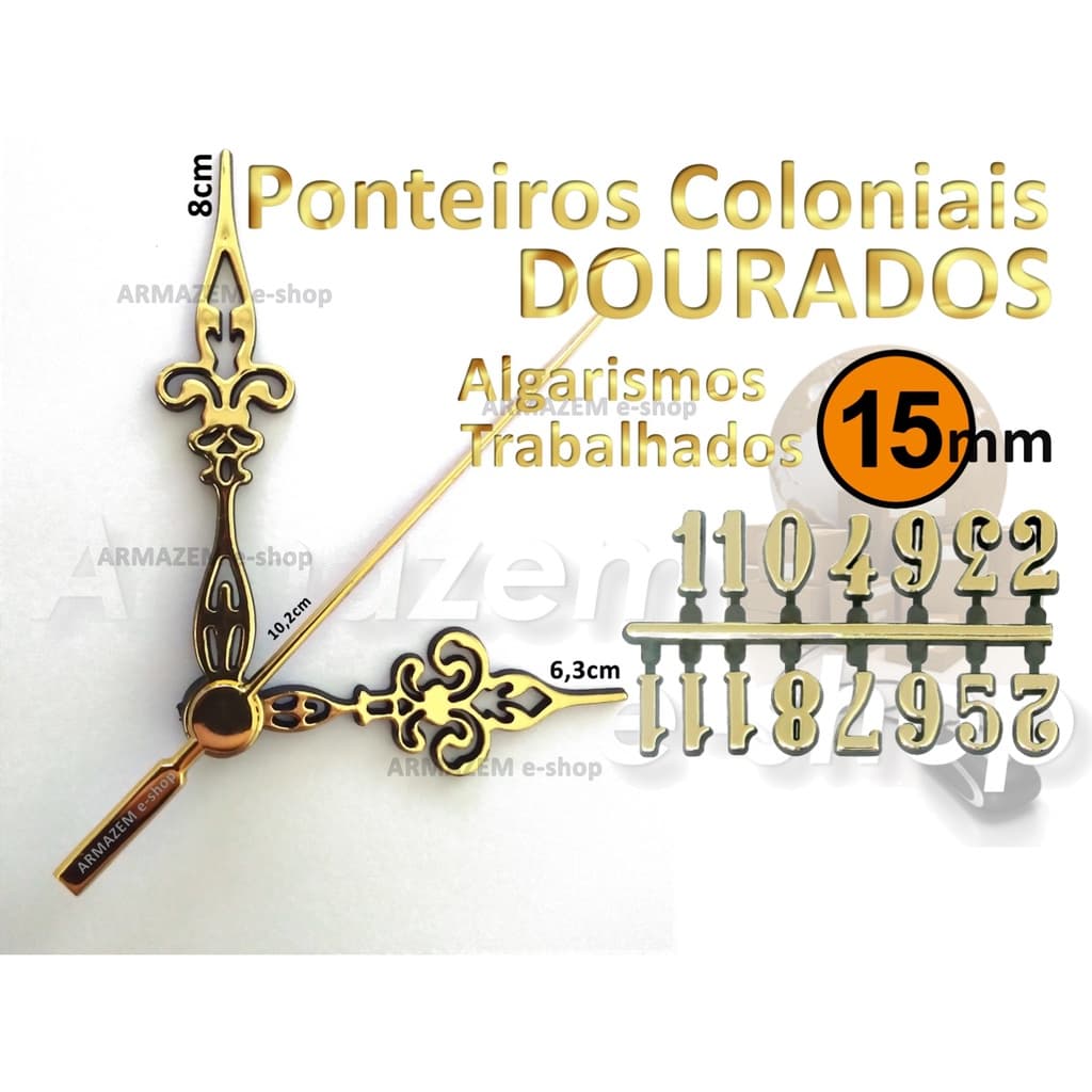 Kit com 5 ponteiros coloniais DOURADOS + Numeros arabicos DOURADOS