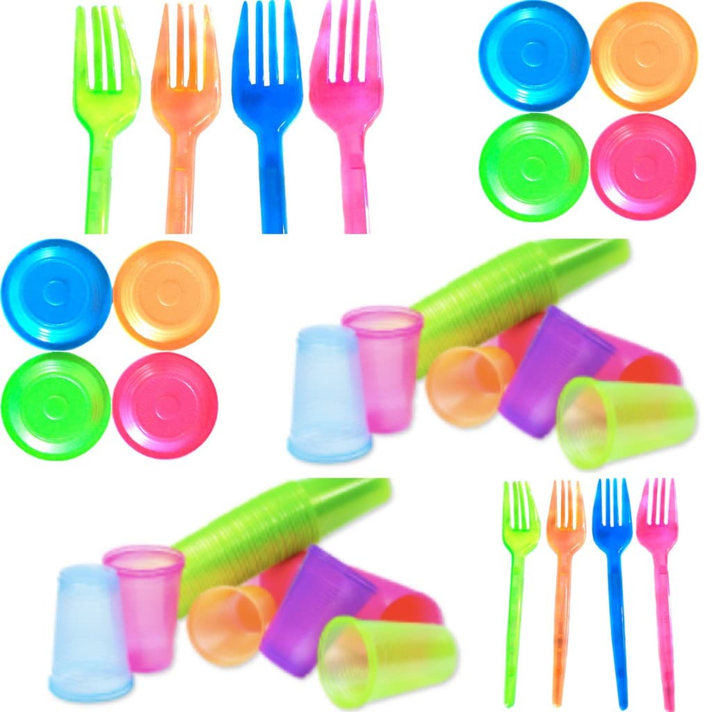 Kit Neon Coloridos Descartaveis 100 Copos 50 Pratinhos 50 Garfinhos. Brilha Na Luz Negra
