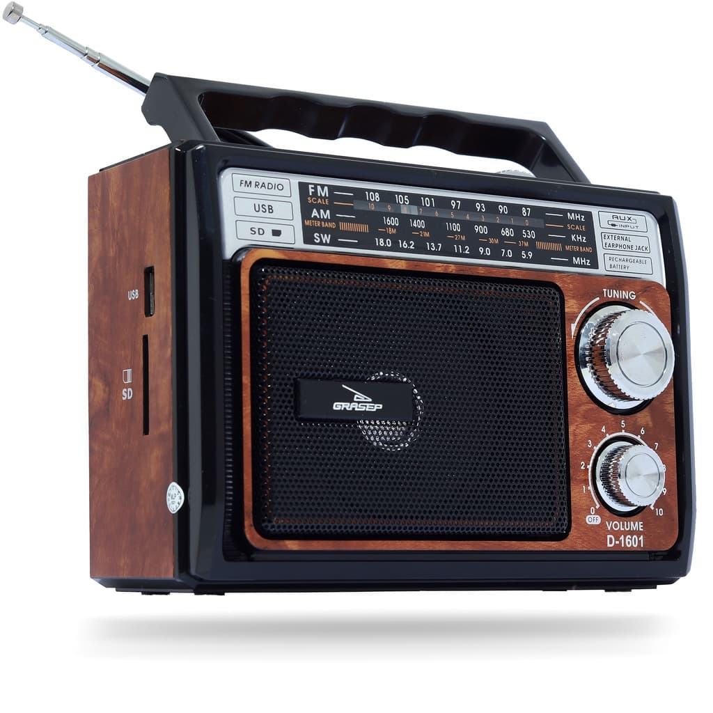 Rádio Retrô AM FM Recarregável USB em Estilo Vintage AUX P2 Cartão SD/TF Caixa de Som Grasep 1606