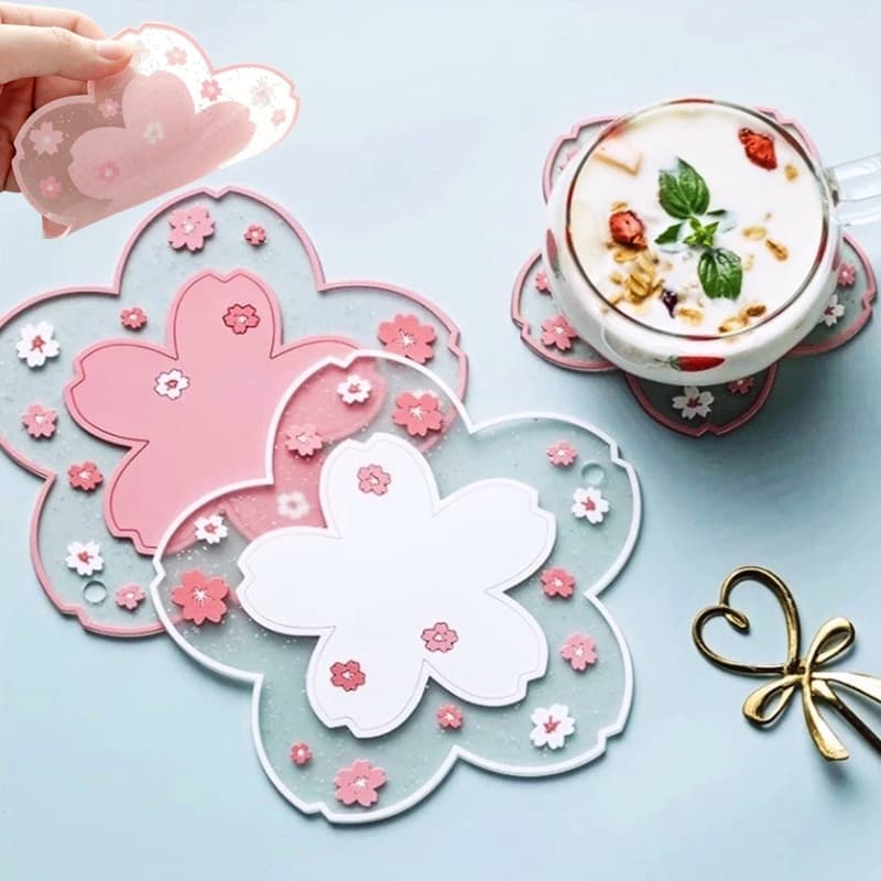 Porta-Copos De PVC Antiderrapante Com Flor De Cerejeira Rosa/Jogo De Isolamento Térmico À Prova D'água/Linda Prático/Acessórios De Mesa De Família