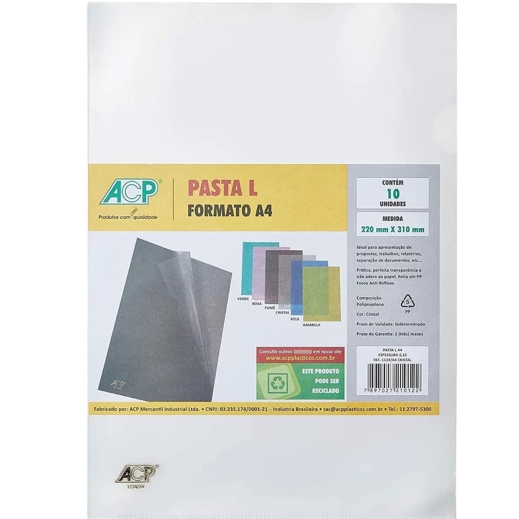Pasta L A4 Transparente Pacote C/10 Unidades Acp