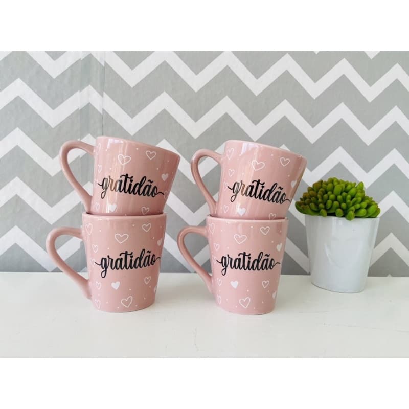 Jogo 4 Xícaras / Canecas Porcelana Rosa Café Decorada Gratidão
