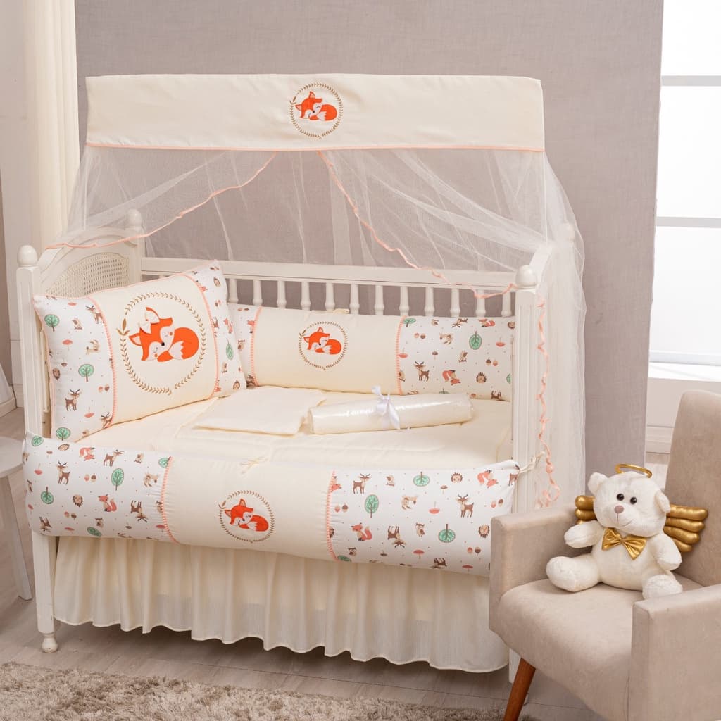 Kit protetor de berço 9 peças + Saia Piquet - Raposa Cloe Menina
