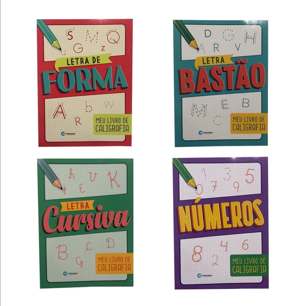 Kit 4 Revistas Cartilha de caligrafia culturama do básico ao avançado Alfabetização Escolar infantil, Letra de Forma, Bastão e Cursiva