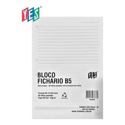Bloco Refil de folhas B5 Colegial Yes Gramatura 63/mg