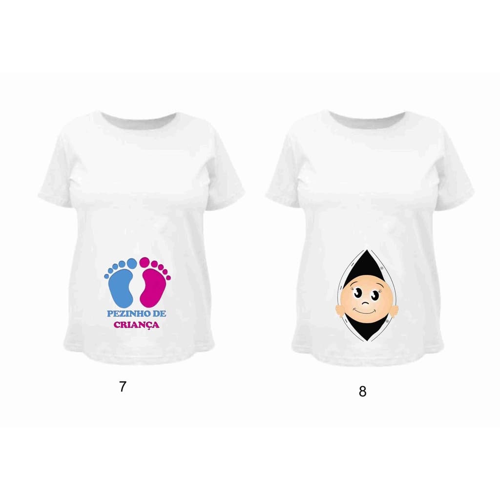 Camiseta personalizada para gestante com bebê na barriga, texto, nome e imagem que desejar