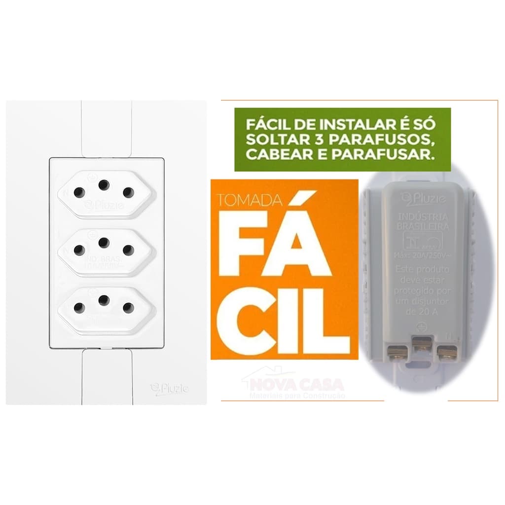 Tomada Tripla Modular 10A 20A Linha Fácil 2P+T Pluzie - 3 Tomadas Monobloco