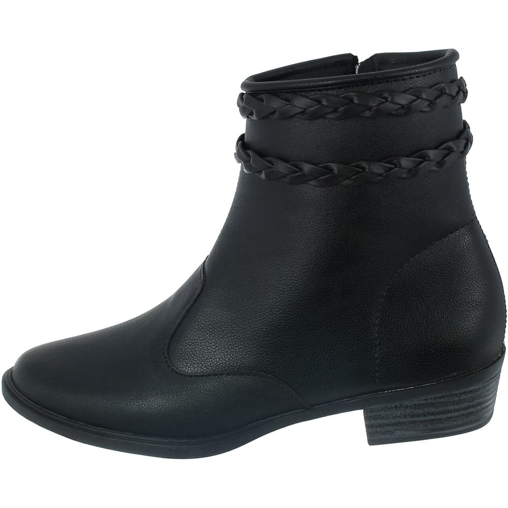 Bota Feminina Cano Curto Rasteira Trançinhas e Fechamento em Zíper Preta