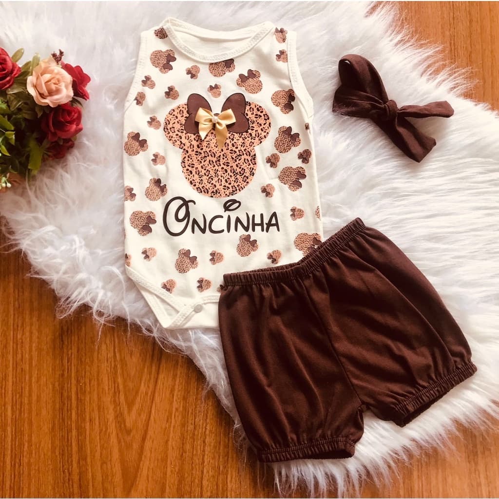 Kit body para bebê com shorts e faixa turbante minnie oncinha