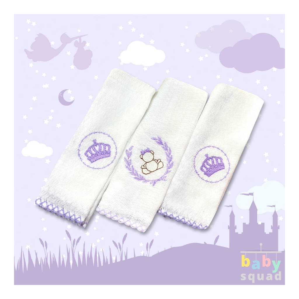 Pano de Boca Lilás Princesa kit com 3 fraldas de boca Babete