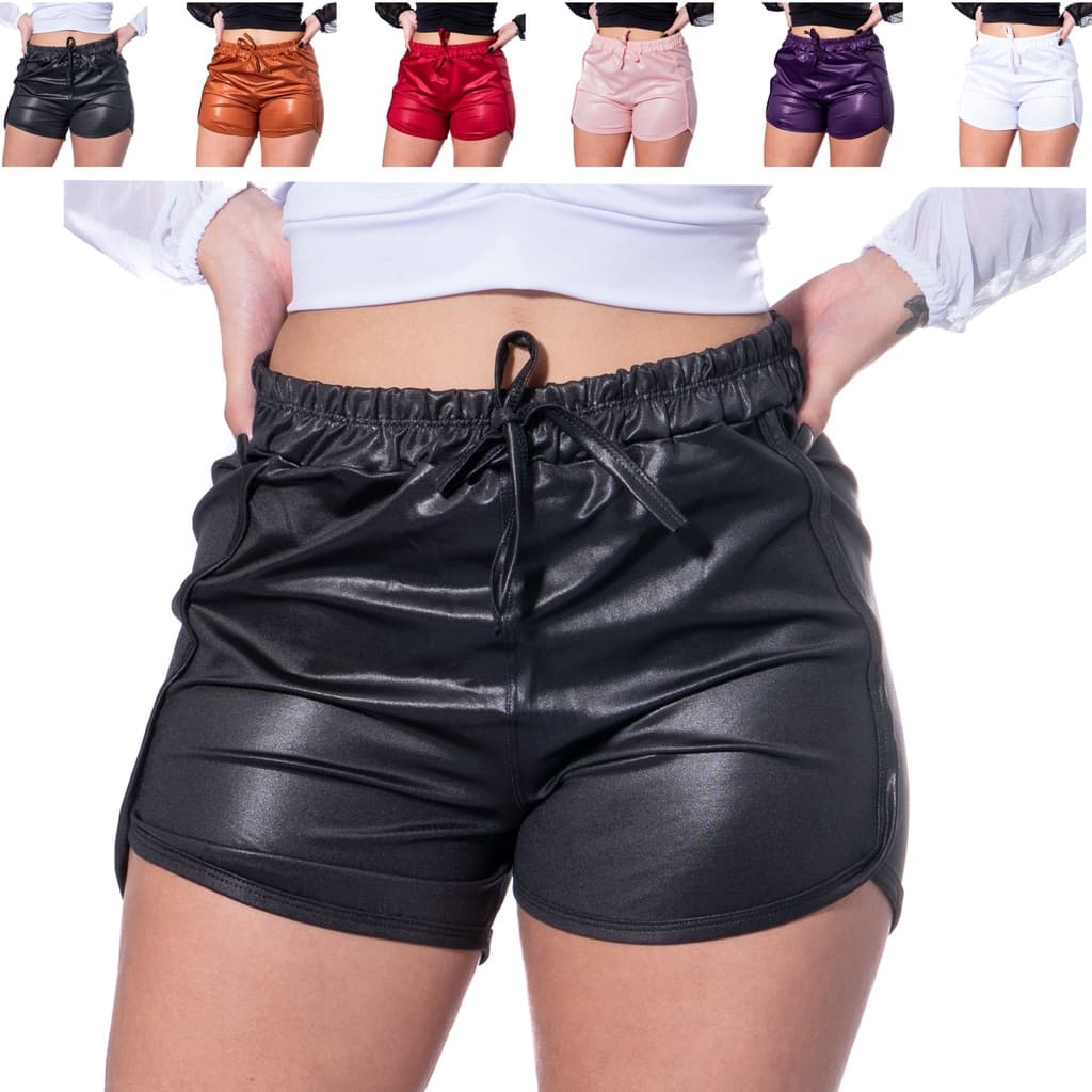 Short Shortinho Couro Ecologico Fake Social Feminino Cirrê PREMIUM - Moda Verão - ATACADO PROMOÇÃO ModaDudis